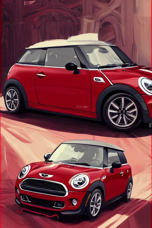 Image similar to Red Mini Cooper car , highly detailed, digital painting, artstation, concept art, smooth, sharp focus, illustration, art by artgerm and alphonse mucha, high definition digital art, in the style of Ross tran and ilya kuvshinov