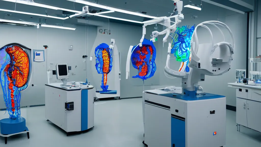 Image similar to a complex bifurcated surgical arm hybrid mri 3 d printer machine making colorful mutant forms with control panels in the laboratory inspection room, film still from the movie directed by denis villeneuve with art direction by salvador dali, wide lens