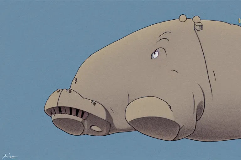 Image similar to a study of a cell shaded cartoon of a grey robot hippo from howl's moving castle ( 2 0 0 4 ), in an african river, full body, wide shot, very muted colors, post grunge, studio ghibli, highly detailed, deviantart, art by artgem