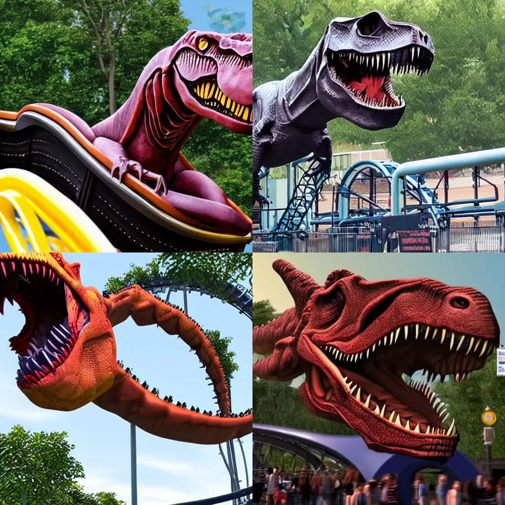 Prompt: realistic t-rex in a rollercoaster