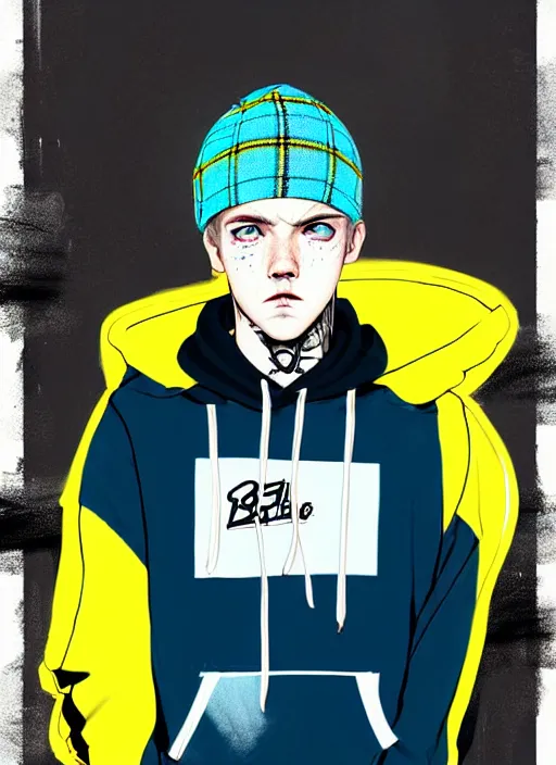 Image similar to highly detailed portrait of basketball boy punk student, blue eyes, tartan hoody, hat, white hair by atey ghailan, by greg tocchini, by kaethe butcher, gradient yellow, black, brown and cyan color scheme, grunge aesthetic!!! ( ( graffiti tag wall flat colour background ) )