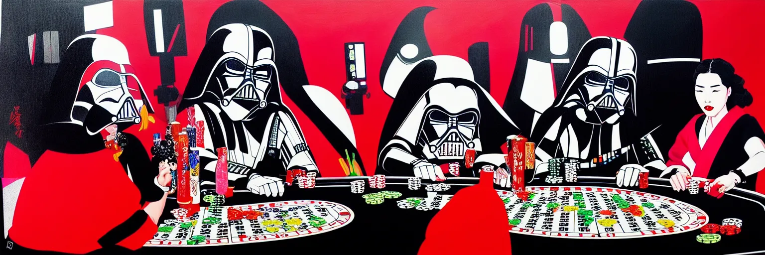 Image similar to hyperrealism composition of the detailed woman in a japanese kimono sitting at an extremely detailed poker table with darth vader and stormtrooper, fireworks on the background, pop - art style, jacky tsai style, andy warhol style, acrylic on canvas