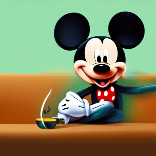 Prompt: mickey mouse holding a giant weed joint while sitting on a couch in a messed up apartment, stoned eyes, amazing digital art, amazing detail, artstation, award winning, sharp