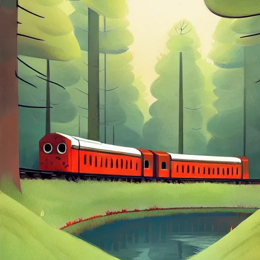 Prompt: a painting of a train traveling through a forest, a storybook illustration by goro fujita, deviantart, american scene painting, matte drawing, 2 d game art, speedpainting