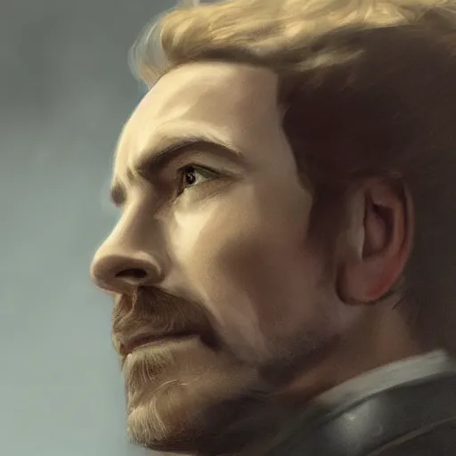 Prompt: Detailed Portrait of a young Michael Fassbender with a cleanly trimmed goatee, wearing an iron man style black suit, Medieval ages, wearing reading glasses, concept art, Dungeons & Dragons