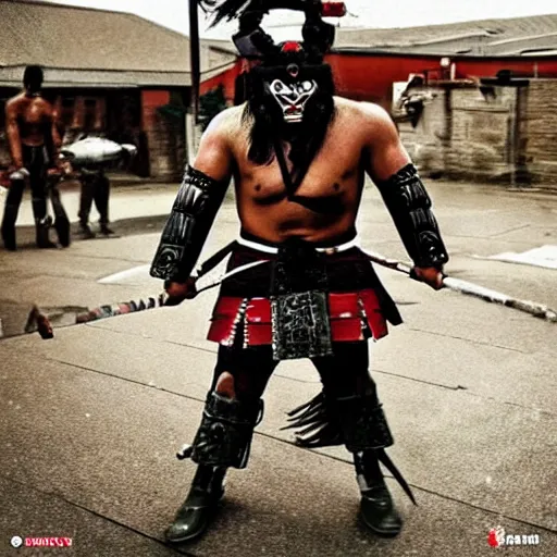 Image similar to big buff very strong very buff samurai wearing an oni mask, amazing movie still movie