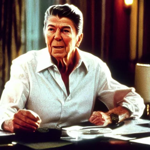 Image similar to “a still of Ronald Reagan playing Catherine Tramell in Basic Instinct (1992)”