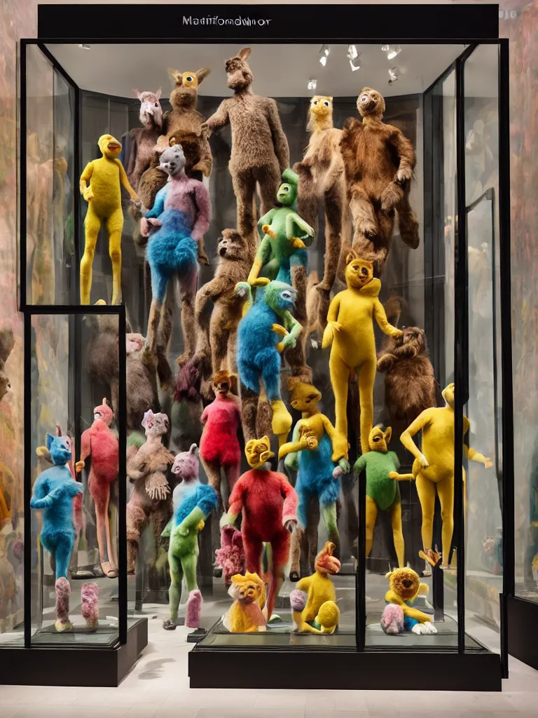 Prompt: diorama windowstore vitrine at the american museum of natural history, new york, of very realistic dissected teletubbies as furry animals, photography portrait aesthetic by guy bourdin