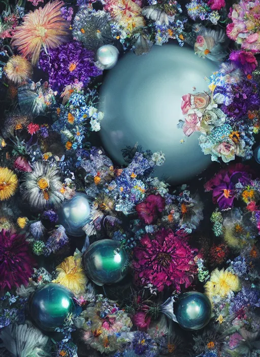 Image similar to An epic fantastic realism comic book style painting of the most beautiful flowers launched into space, perfect shiny silver iridescent spheres, bouquets, fisheye lens, unreal 5, DAZ, hyperrealistic, octane render, dynamic lighting