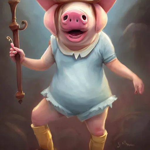 Image similar to cute little anthropomorphic funny female pig wearing shorts, a sunhat, boots and a pale blue shirt!! tiny!! fully clothed!!! small, short, cute and adorable, character art portrait, matte fantasy painting, deviantart artstation, by jason felix by steve argyle by tyler jacobson by peter mohrbacher, cinema