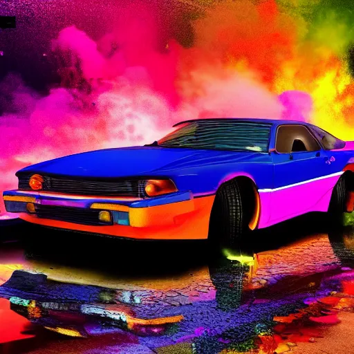 Image similar to hyperrealistic explosions of a expensive, colorful sports car, the explosions is made out of colorful particles, the scene is set in a seedy new york of 1 9 8 0 s, the weather is rainy and the street full of puddles, the puddles and buildings are reflecting the explosion