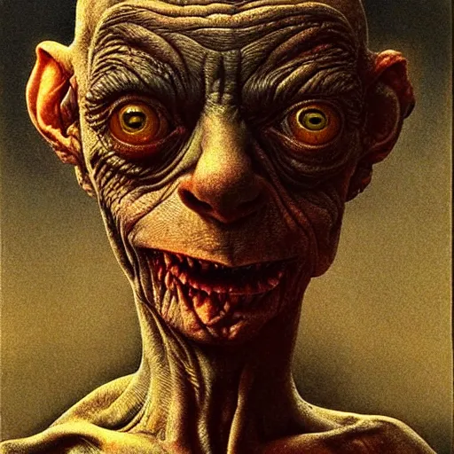 Image similar to gollum smeagol grotesque, ultra detailed, ultra realistic, by beksinski