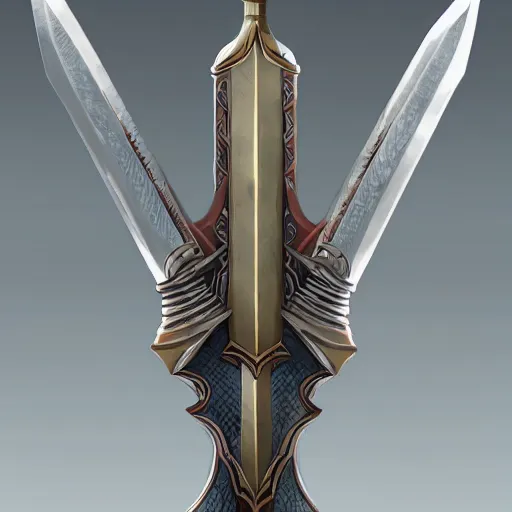 Image similar to concept art of rare legendary sword, perfect symmetry, rpg, detailed, digital art, d & d, incredible, digital painting, cinematic view, no noise, global illumination, warm lighting, volumetric, vivid, intricate details, ultra realistic, volumetric lighting, warm colors advance, cell shading