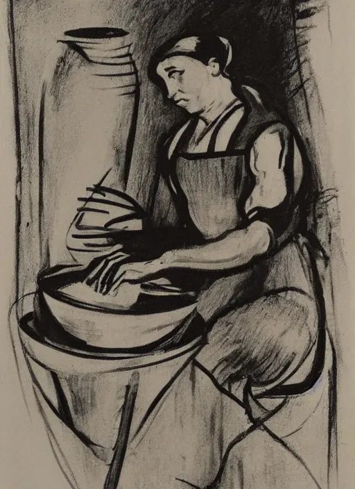 Image similar to abstract stylized charcoal drawing of a woman sitting at a pottery wheel working on a vase, john singer sargent, van gogh, miro, vermeer