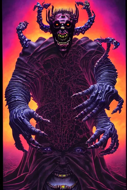 Image similar to a hyperrealistic rendering of an epic boss fight against an ornate supreme dark vampire overlord, cinematic horror by chris cunningham, lisa frank, richard corben, highly detailed, vivid color,