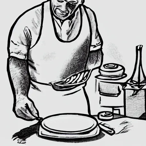 Prompt: pen drawing of a man salting a plate of bacon