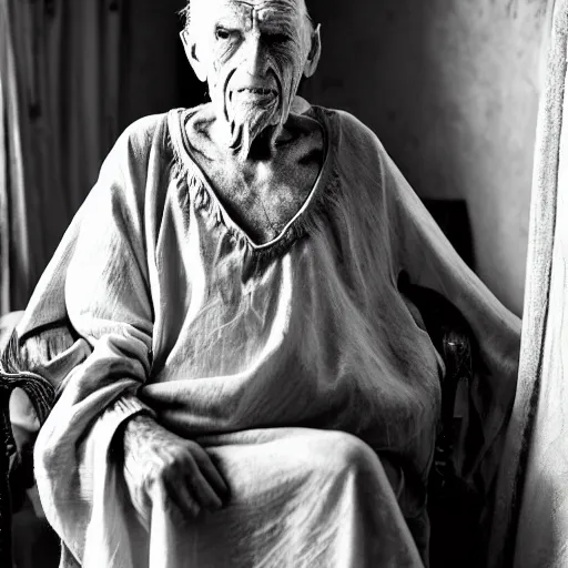 Prompt: count of durres, a 1 0 0 year very old man, dignified but aged face, night gown, hunched over, rare hair, black and white photography inside an old mansion