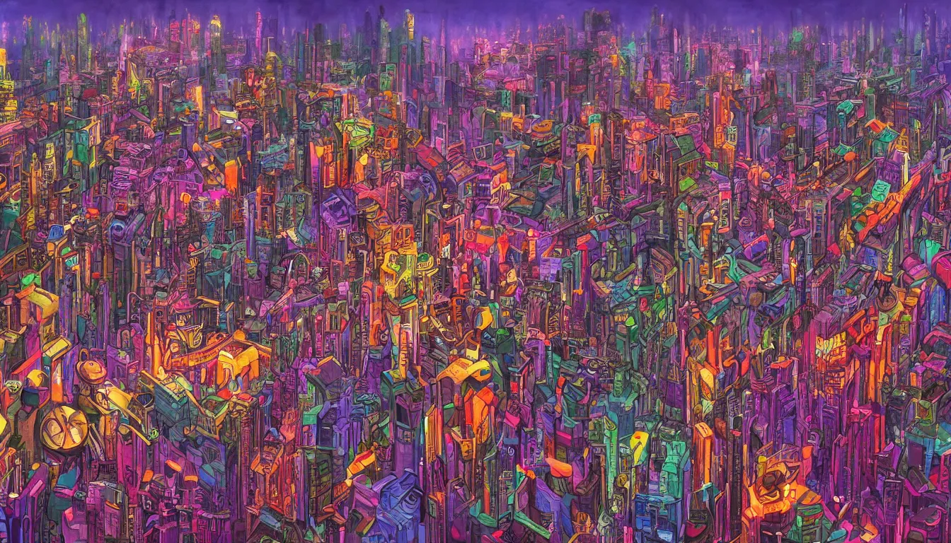 Image similar to surreal colorful nightmarish cityscape, 4k artwork by Ralph Bakshi