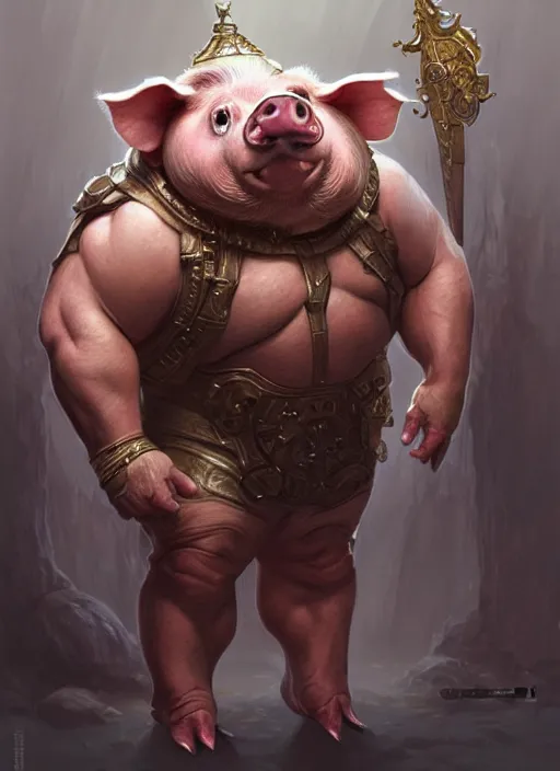 Image similar to portrait of aggressive pig humanoid, d & d, muscular! fat! fantasy, intricate, elegant, highly detailed, digital painting, artstation, concept art, smooth, sharp focus, illustration, art by artgerm and greg rutkowski and alphonse mucha