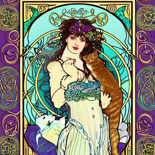 Prompt: lady with long curly hair with a cat beside her, with celtic spread tarot cards on a table in front of her, in a gypsy tent with Alphonse Mucha art nouveau poster style, with thin lines and pastel colors,