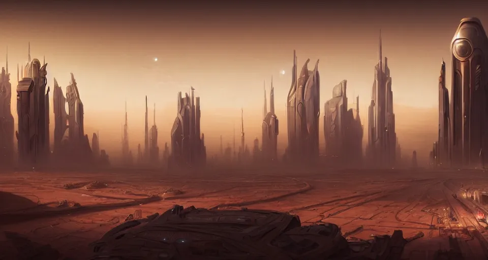 Image similar to cinematic shot, futuristic city on the mars with towers made of stacked disks, utopian, digital painting, artstation, concept art, smooth, sharp focus, illustration, intricate, elegant, highly detailed, in the style of greg rutkowski and alphonse mucha and artemisia, 8 k, highly detailed, jurgens, rutkowski