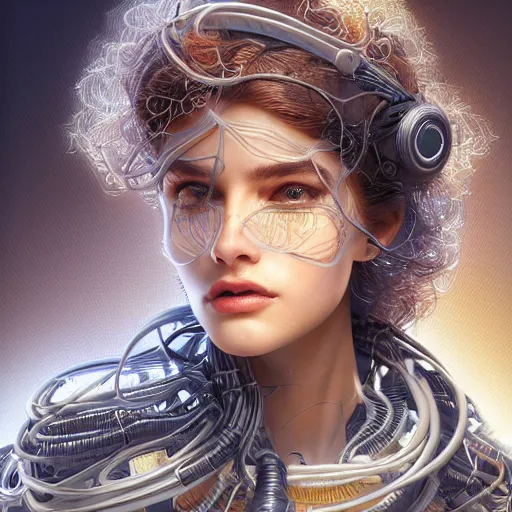 Image similar to woman integrating with technology, full face, detailed intricate ornate cables connected to head, luscious hair, big open electric eyes, luxurious detailed abundent wiring and implants, sci-fi, neon, detailed technology full background, highly detailed, Rene Lalique and Eddie Mendoza