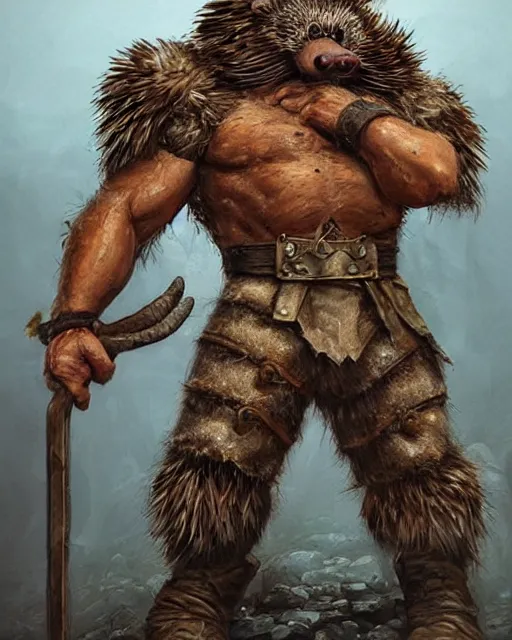 Prompt: anthropomorphic rugged hedgehog!!! with furry!! oversized barbarian muscular armored upper body, action battle pose,long hair, 👅 👅 , D&D, fantasy, intricate, elegant, highly detailed, digital painting, artstation, concept art, smooth, sharp focus, illustration, art by artgerm and beeple and greg rutkowski and alphonse mucha