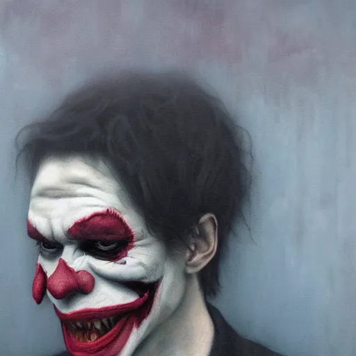 Image similar to portrait of an angry joker by Sean Yoro and Chie Yoshii, dark, moody, foggy, gloomy, high details, washed colors