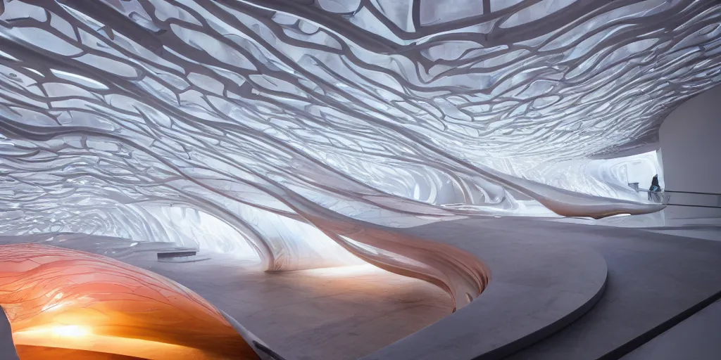 Image similar to extremely detailed awe stunning beautiful futuristic smooth curvilinear museum interior\, translucent gills, zaha hadid, stunning volumetric light, stainless steel, concrete, translucent material, beautiful sunset, hyper real, 8k, colorful, 3D cinematic volumetric light, atmospheric light