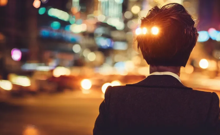 Prompt: a wide shot of a woman with a wool suit, short hair, blurred face, from the back, in front of a crowded dystopian city at night with cyberpunk lights