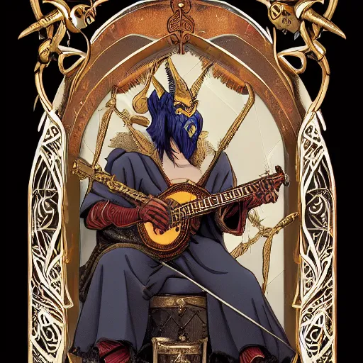 Image similar to 2. 0 tarot card : : ornate, intricate and detailed, rule of thirds, bard, male, face, guitar, music, demon, tiefling, black beard, goat horns, handsome, red skin, medieval fantasy, bow, 8 k render : : style of studio ghibli