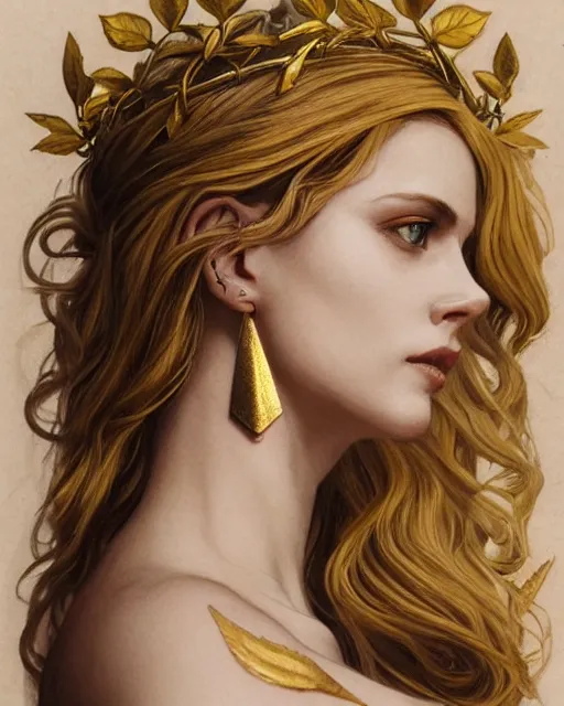 Image similar to front view of beautiful aphrodite greek goddess wearing a gold laurel wreath and triangle earrings, realism tattoo sketch, beautiful piercing eyes with sharp pupils, beautiful blonde hair, in the style of greg rutkowski, fantasy, amazing detail, epic, elegant, smooth, sharp focus