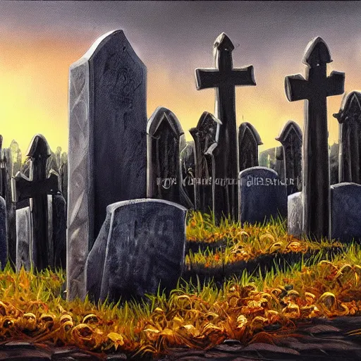 Prompt: oil painting graveyard tombstones, bats, halloween scene, scary, zombie's, high detail, dark scene