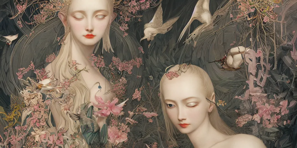 Prompt: breathtaking detailed concept art painting art deco pattern of blonde faces goddesses amalmation insects with anxious piercing eyes and blend of flowers and birds, by hsiao - ron cheng and john james audubon, bizarre compositions, exquisite detail, extremely moody lighting, 8 k