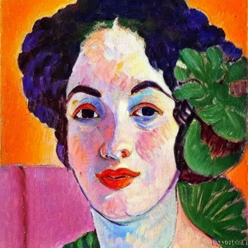 Image similar to A beautiful oil painting of a vivid impressionistic portrait of a woman, she is very beautiful, she smiles and looks straight at us, highly detailed, Matisse, fauvism