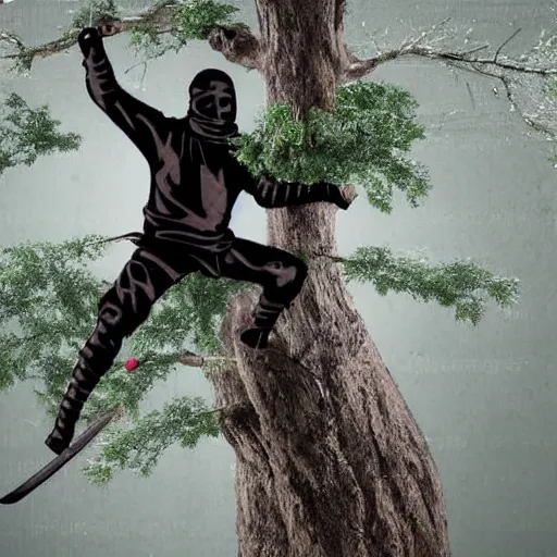 Image similar to a ninja with sword standing on a tree practicing, realistic