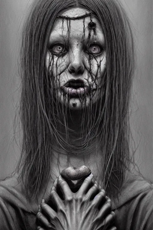 Image similar to charcoal cartoon grunge portrait of a creepy horror nurse girl . intricate abstract. intricate artwork. nightmare fuel. terrifying. by zdzisław Beksiński, wlop, dan mumford , trending on artstation, greg rutkowski very coherent symmetrical artwork. cinematic, hyper realism, high detail, octane render, 8k