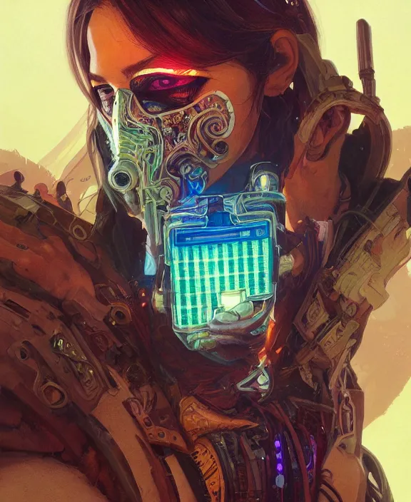 Image similar to portrait of a cyberpunk masked nomad, half body, glowin eyes, d & d, fantasy, intricate, elegant, highly detailed, colorful, vivid color, digital painting, artstation, concept art, art by artgerm and greg rutkowski and alphonse mucha and ruan jia
