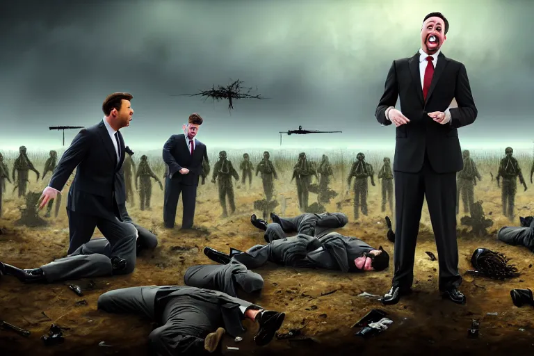 Image similar to one Comedian in suit and tie performing in a battle-field with dead bodies on the ground, detailed face, comedian is funny, performing to dead soldiers, nuclear bomb in far horizon, apocalypse, trending on artstation, artstationHD, hyperdetailed matte painting, highly detailed, digital painting, hyper-realistic, realistic, photo-realistic