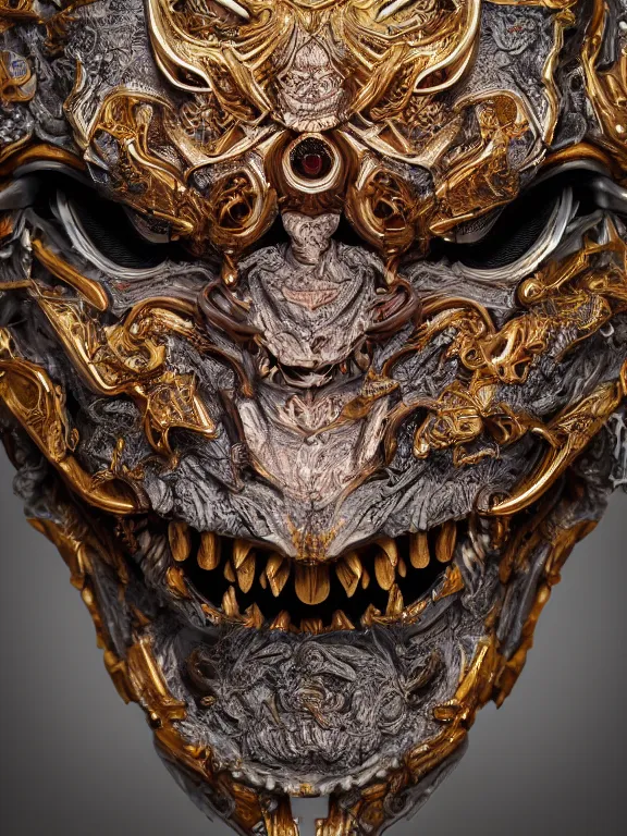 Image similar to portrait art of 8k ultra realistic hannya mask,intricate, detailed intricate ornate armour,decaying, cybernetic, full of colour, cinematic lighting, battered, trending on artstation, 4k, hyperrealistic, focused, extreme details,unreal engine 5, cinematic, masterpiece, art by ayami kojima, giger