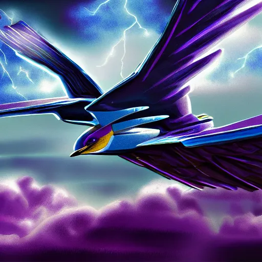 Prompt: Mythical Blue and Purple Thunderbird With Spread Wings Is Flying Through a Thunderstorm, Dramatic Lighting, Artstation