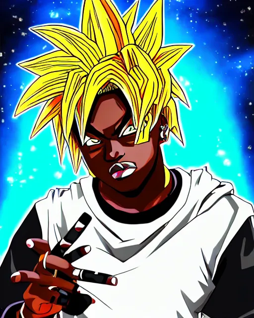 Image similar to juice wrld rockstar rapper in the style of a black african dragon ball z digital painting anime art