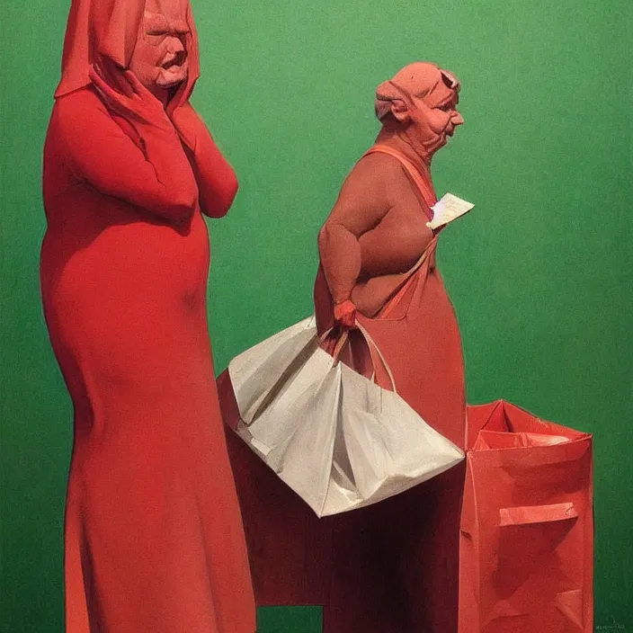 Image similar to melting old fat woman portrait with a white paper bag over the head, dressed in red paper bags, holding stack of green paper bags, highly detailed, artstation, art by edward hopper, zdislav beksinski, wayne barlowe, edward hopper