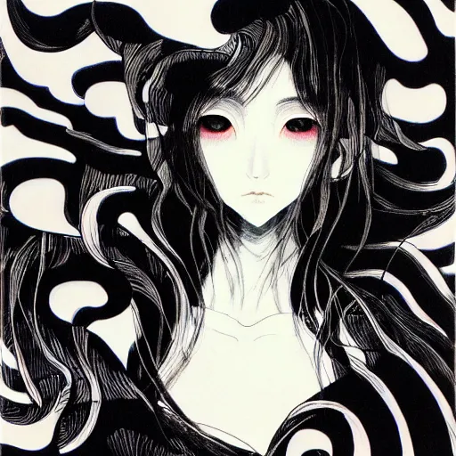 Prompt: Yoshitaka Amano blurred and dreamy illustration of an anime girl with black eyes, wavy white hair fluttering in the wind and cracks on her face wearing black and white hawaiian shirt, abstract black and white patterns in the background, noisy film grain effect, highly detailed, Renaissance oil painting, weird portrait angle