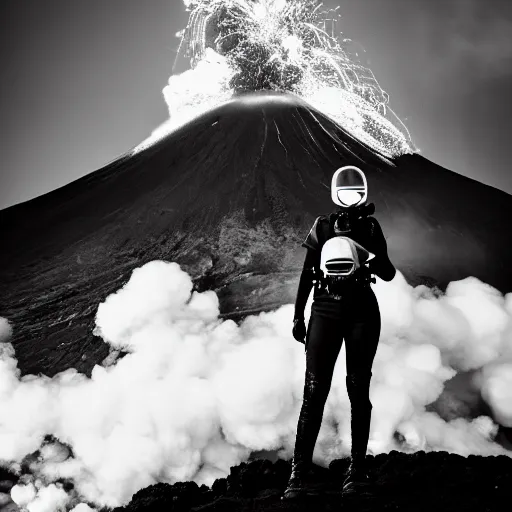 Image similar to A high armored white woman with a one red light eye gasmask standing in front of an erupting volcano, professional photography, black and white, cinematic, eerie