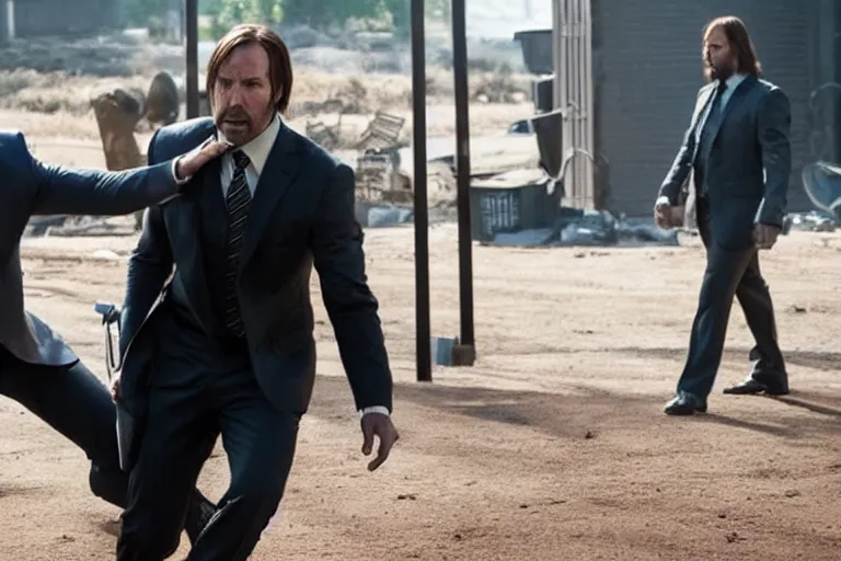 Prompt: film still of saul goodman from better call saul fighting john wick in the new john wick movie