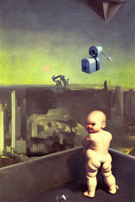 Image similar to evil human giant baby in a diaper and a robotic arm, grows up to the sky, against the backdrop of destroyed high - rise building, hauntingly surreal, highly detailed painting by francis bacon, edward hopper, adrian ghenie, gerhard richter, and james jean soft light 4 k,