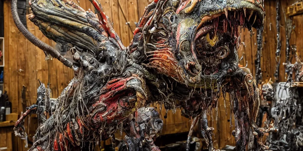 Image similar to photo taken of an epic intricate, ultra detailed, super realistic gritty, hero prop, exquisitely painted animatronic movie prop of a wet slimy grotesque nightmarish hellish avian creature displayed in the workshop, created by weta workshop, full body shot, photorealistic, sharp focus