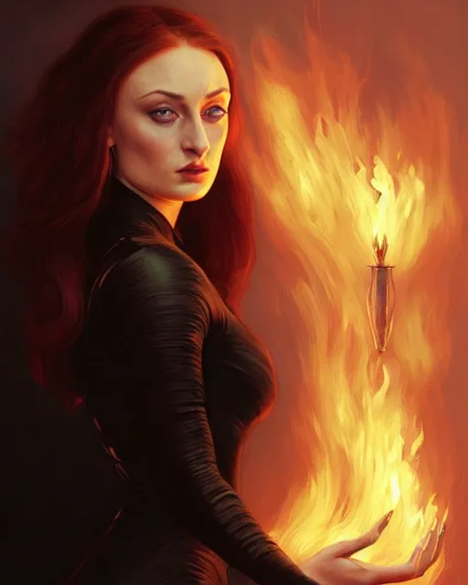 Image similar to Sophie Turner in an elegant black silk dress casting a fire spell, fire reflection in eyes, extreme close-up, deep focus, D&D, fantasy, intricate, elegant, highly detailed, digital painting, artstation, concept art, matte, sharp focus, illustration, hearthstone, art by Artgerm and Greg Rutkowski and Alphonse Mucha