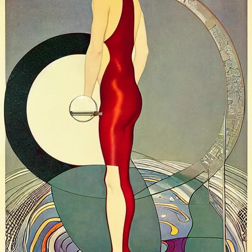 Prompt: art by coles phillips, a tall chrome - skinned goddess walks the earth, reflective skin, chrome, skin with a mirrror like finish similar to the silver surfer, mucha, kandinsky, joshua middleton